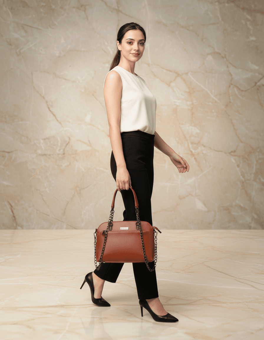 Fashion paris women's Tan Brown Faux Leather Satchel Handbag with chain Strap - Thumbnail 3