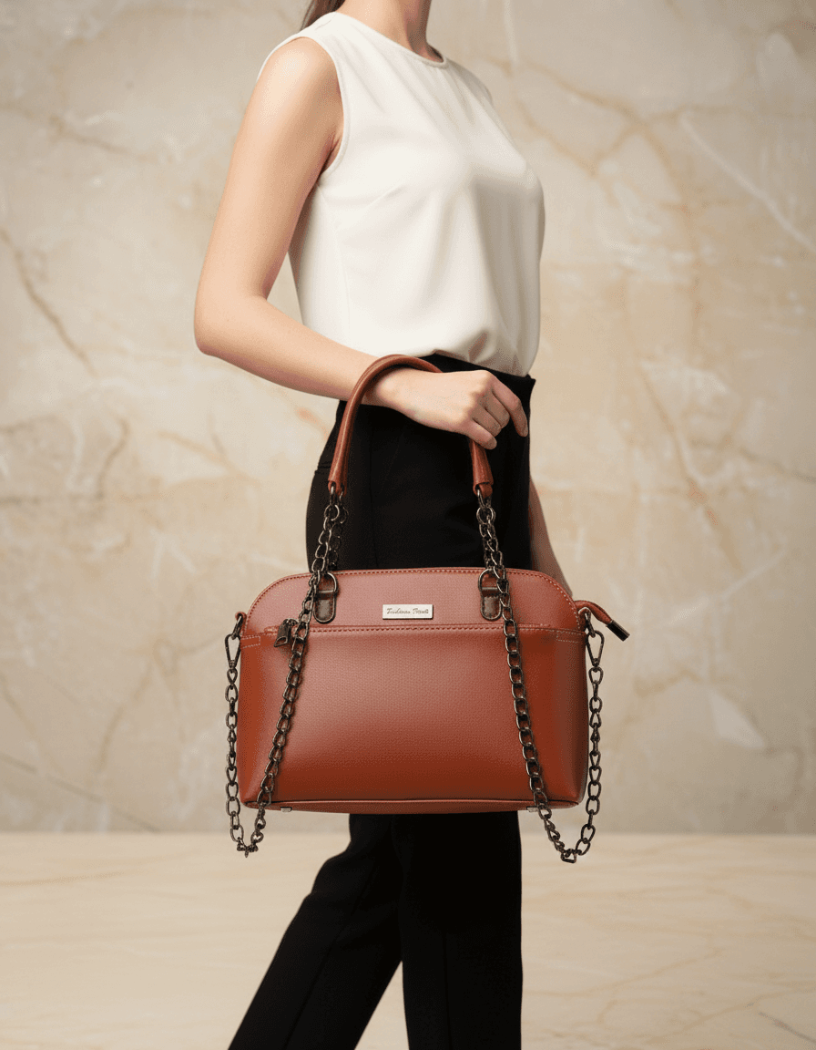 Fashion paris women's Tan Brown Faux Leather Satchel Handbag with chain Strap - Thumbnail 4