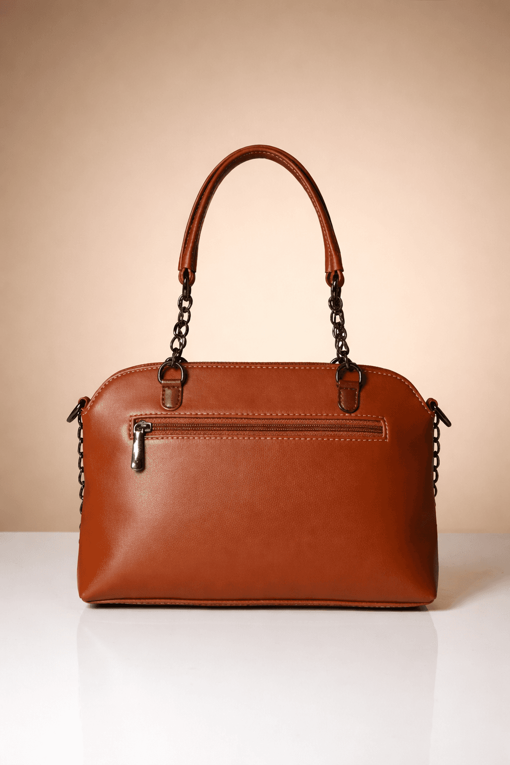 Fashion paris women's Tan Brown Faux Leather Satchel Handbag with chain Strap - Image 1